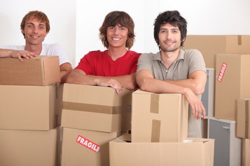 Packed moving boxes and furniture ready for transport
